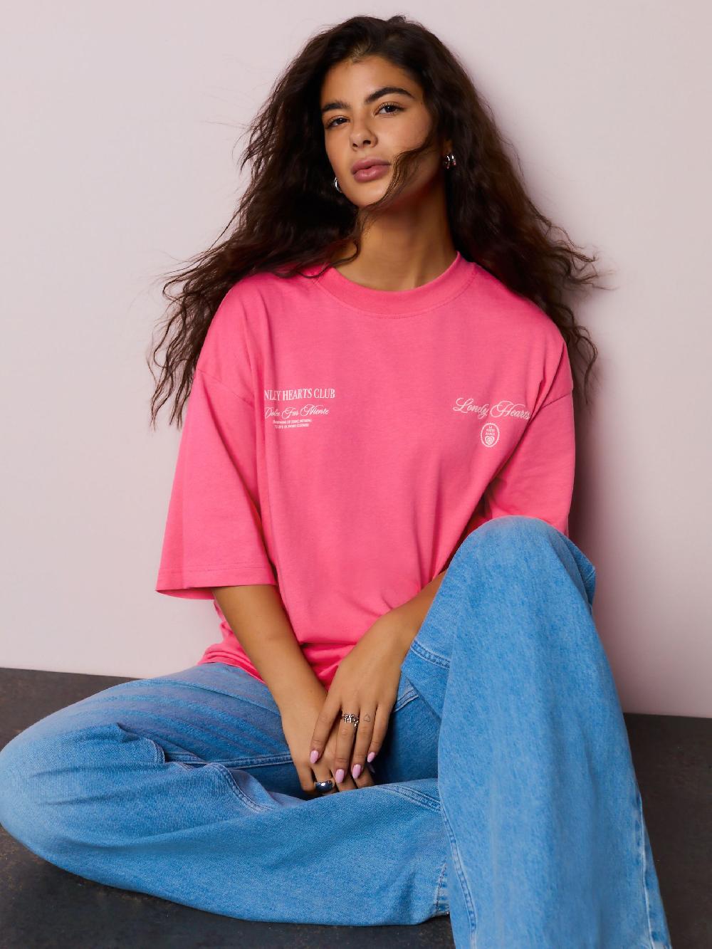 seraphine Pink Graphic Hearts and Valentines Oversize Crew Neck T-Shirt