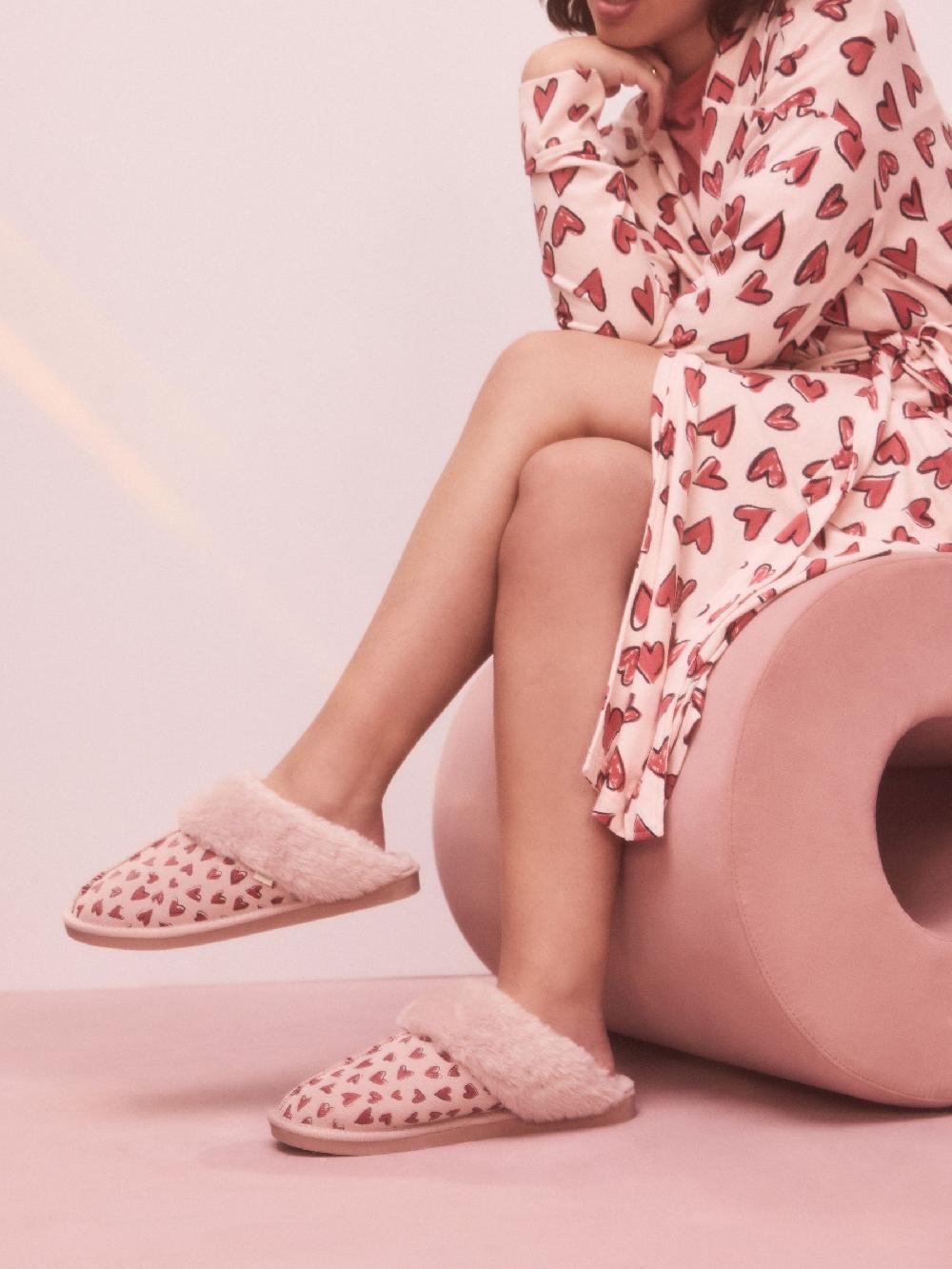 seraphine Pink Heart Faux Fur Lined Suede Mule Slippers