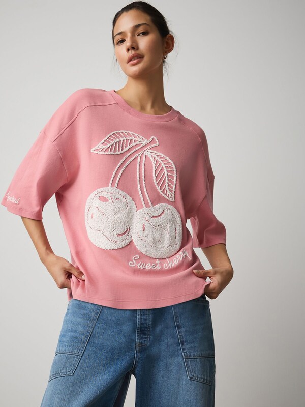Seraphine Pink Hearts And Valentines Cherry Graphic Textured Crew Neck Short Sleeve T-Shirt