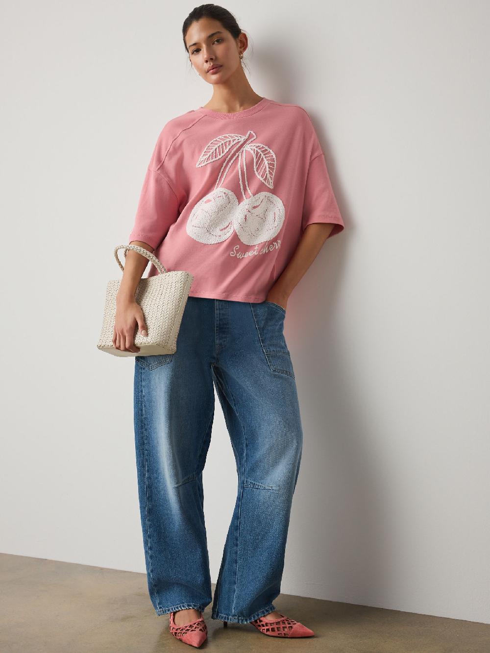 seraphine Pink Hearts and Valentines Cherry Graphic Textured Crew Neck Short Sleeve T-Shirt