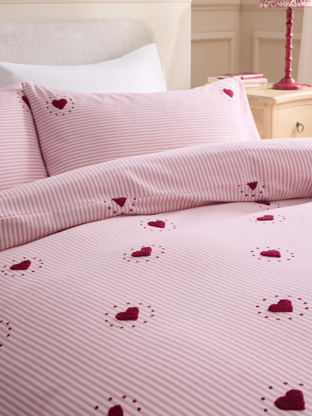 seraphine Pink/Red Stripe Brushed Cotton Tufted Heart Duvet Cover and Pillowcase Set