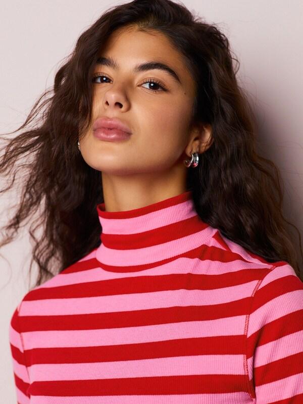 Seraphine Pink/Red Striped Ribbed High Neck Long Sleeve T-Shirt