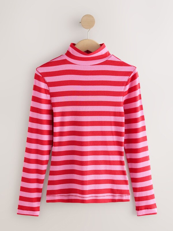 Seraphine Pink/Red Striped Ribbed High Neck Long Sleeve T-Shirt