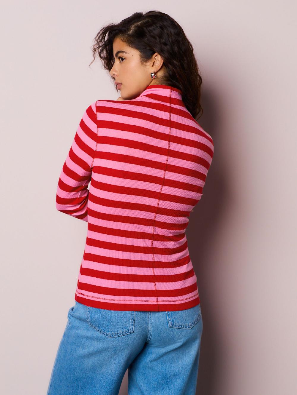 seraphine Pink/Red Striped Ribbed High Neck Long Sleeve T-Shirt
