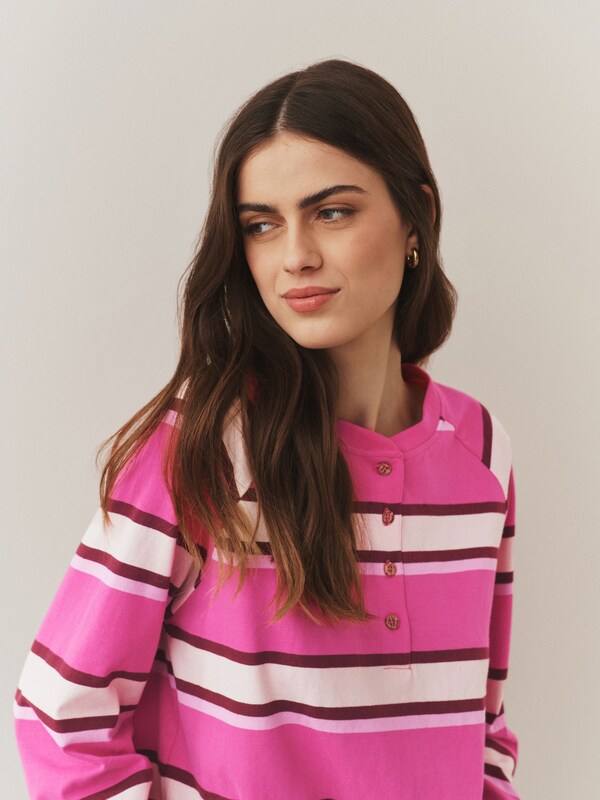 Seraphine Pink Stripe Button Henley Crew Neck Long Sleeve Top