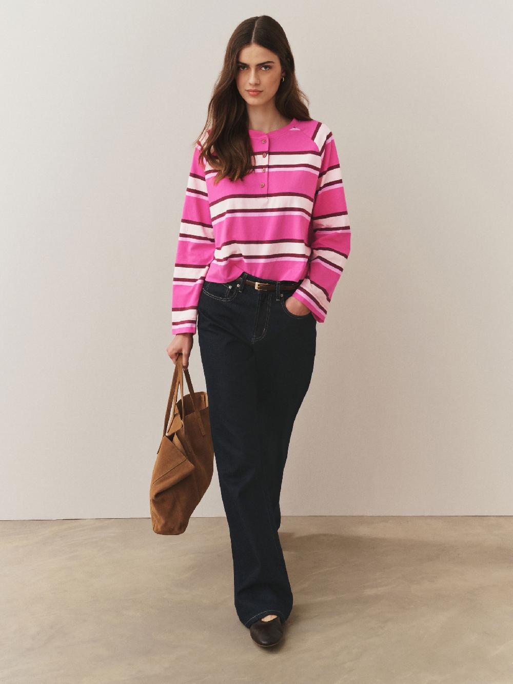 seraphine Pink Stripe Button Henley Crew Neck Long Sleeve Top