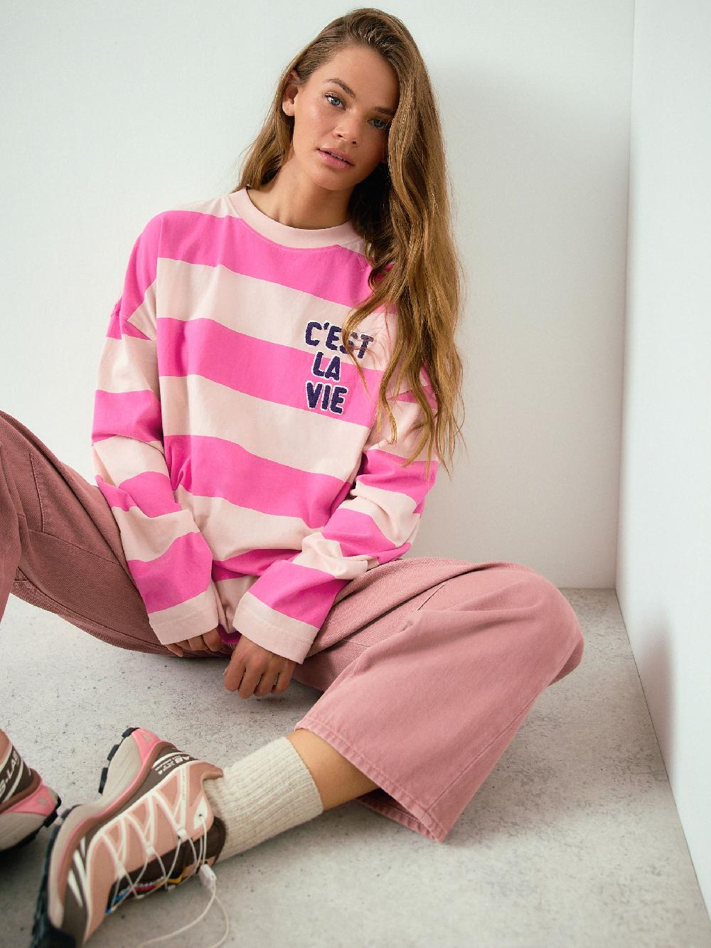 seraphine Pink/White Striped Graphic Long Sleeve T-Shirt