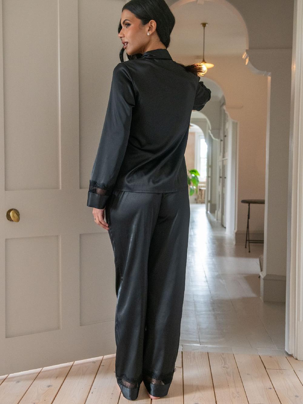 seraphine Pour Moi Black Dusk Satin and Lace Cuban Collar Pyjamas Set