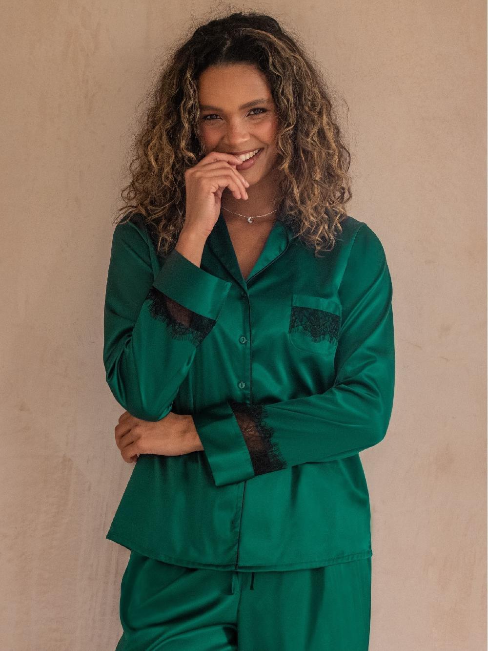 seraphine Pour Moi Green Dusk Satin and Lace Cuban Collar Pyjamas Set