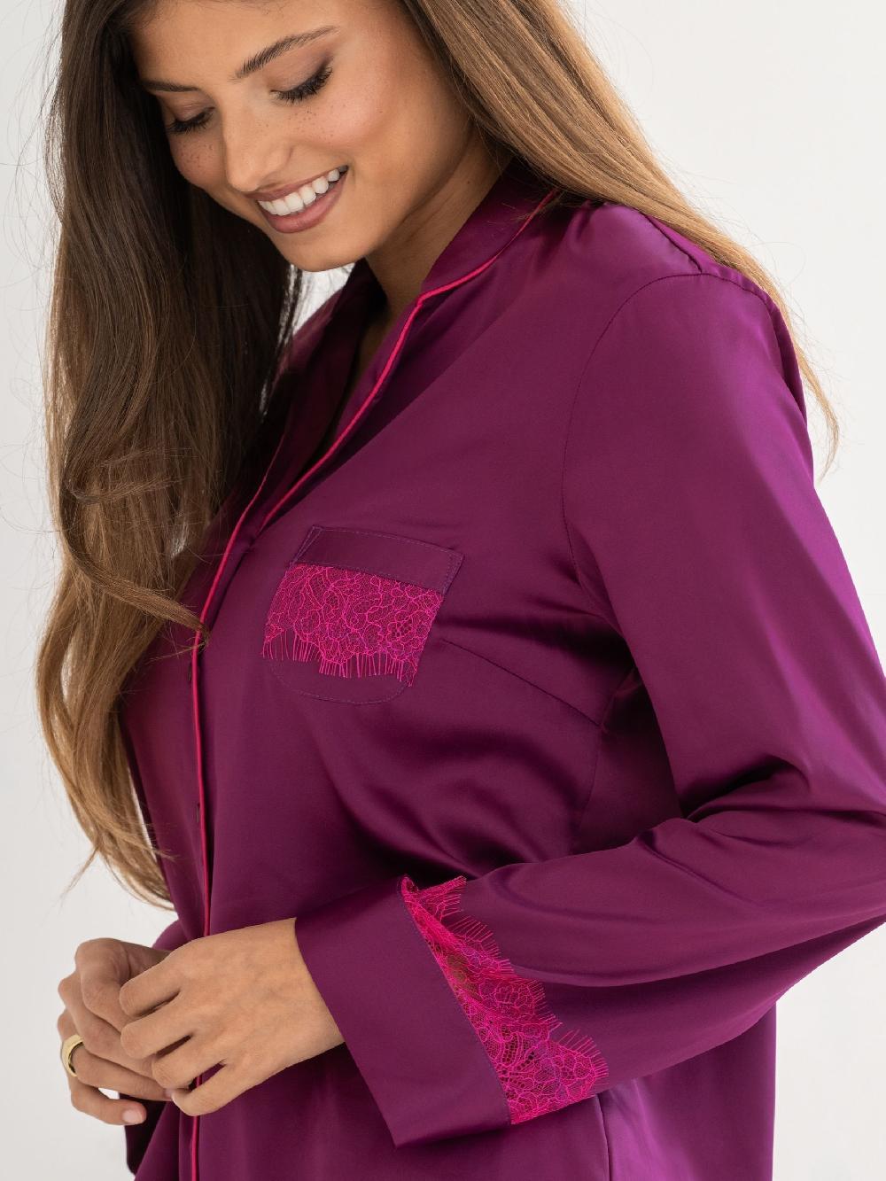 seraphine Pour Moi Purple Dusk Satin and Lace Cuban Collar Pyjamas Set