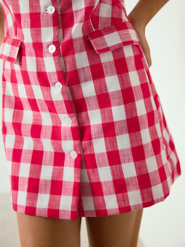 Seraphine Raspberry Pink Gingham Check Sleeveless Waistcoat Button Through Mini Dress