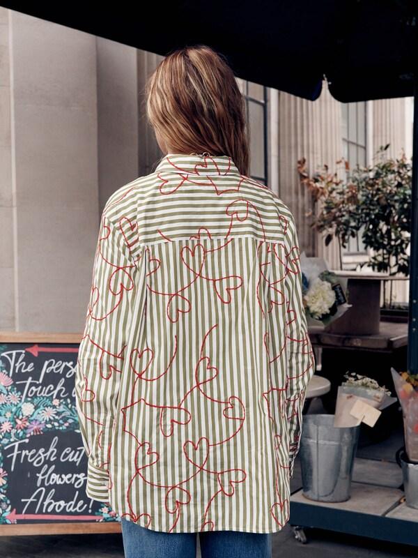 Seraphine Red Heart Embroidered Green Stripe Oversized Boyfriend Shirt
