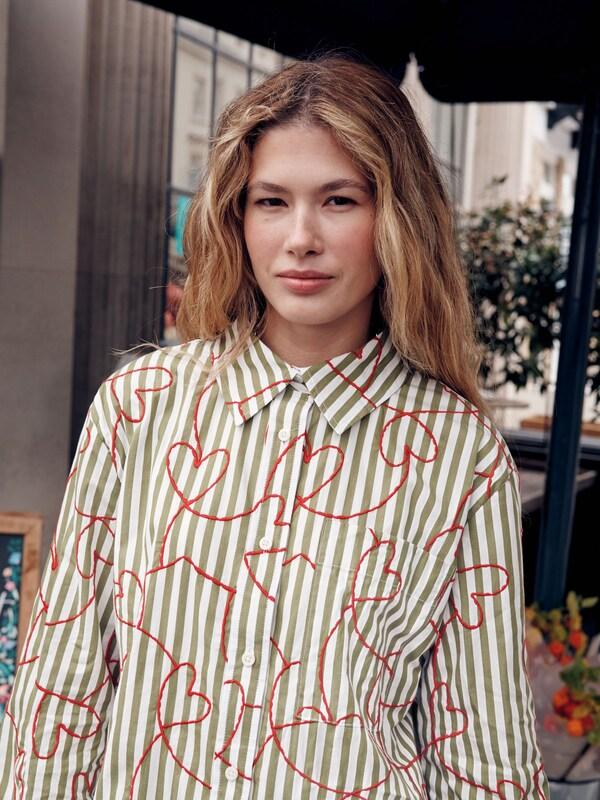 Seraphine Red Heart Embroidered Green Stripe Oversized Boyfriend Shirt