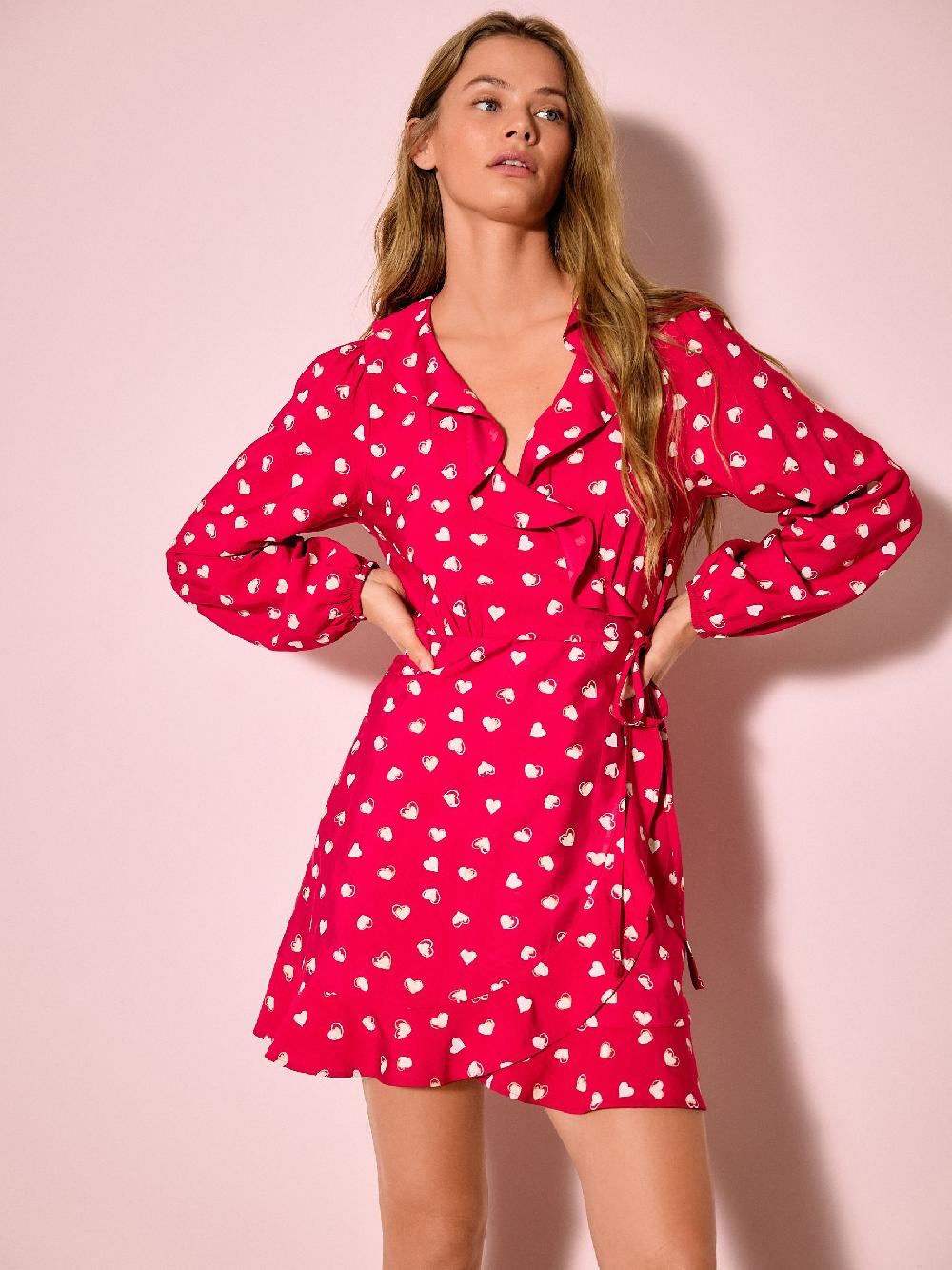 seraphine Red Heart Print Long Sleeve Mini Wrap Dress