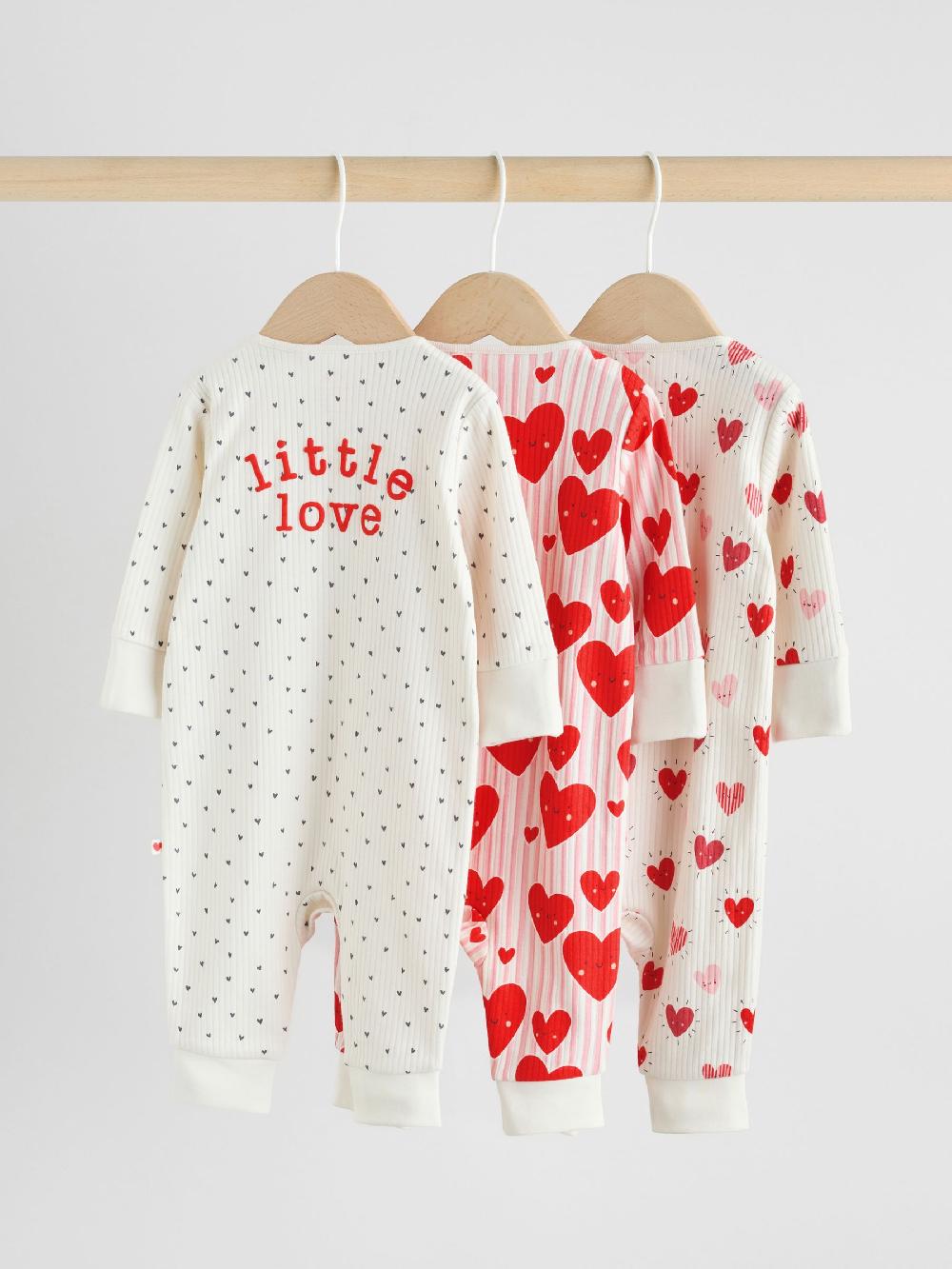 seraphine Red Heart Two Way Zip Baby Sleepsuits 3 Pack (0mths-3yrs)