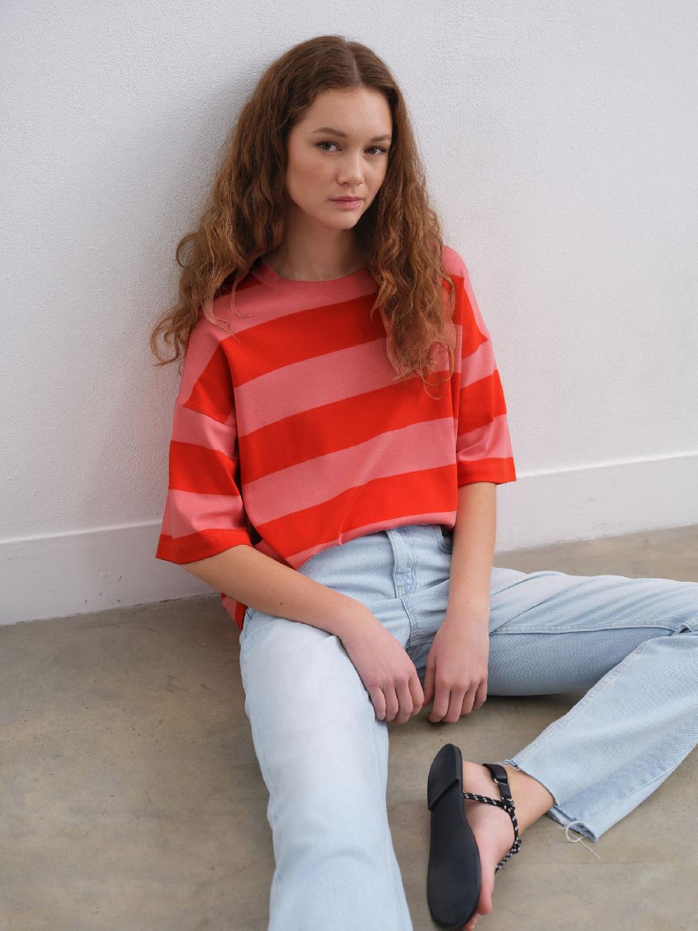 seraphine Red/Pink Oversized Relaxed Fit Boxy Heavyweight Crew Neck T-Shirt