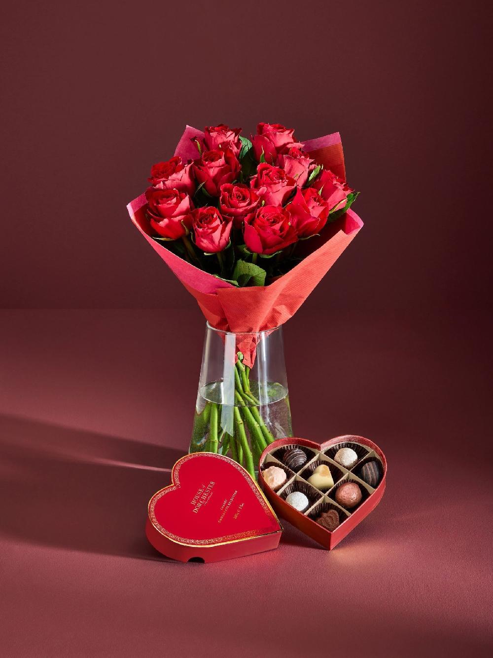 seraphine Red Valentines 12 Roses and Chocolates Fresh Flower Bouquet Gift Set