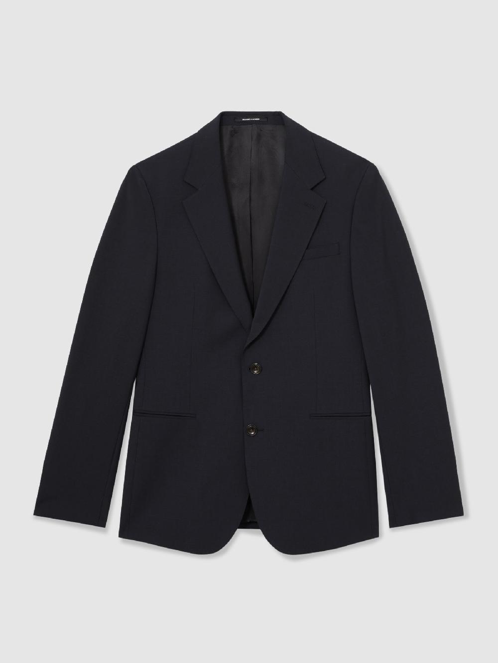 seraphine Reiss Navy Promise Wool-Blend Single-Breasted Suit Blazer Tailored-Fit
