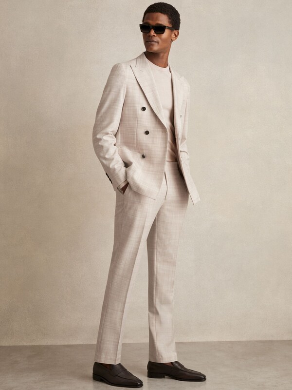 Seraphine Reiss Stone Oe Belmondo Double-Breasted Check Suit Blazer Regular-Fit