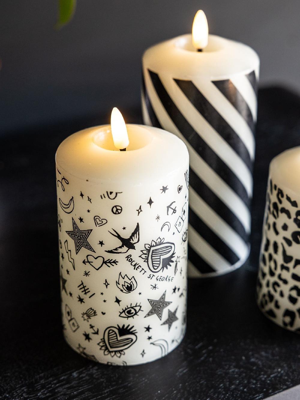 seraphine Rockett St George 3 Pack Cream/Black Real Wax Printed LED Candles
