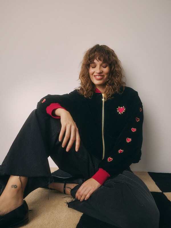 Seraphine Rockett St George Black Velvet Embroidered Bomber Jacket