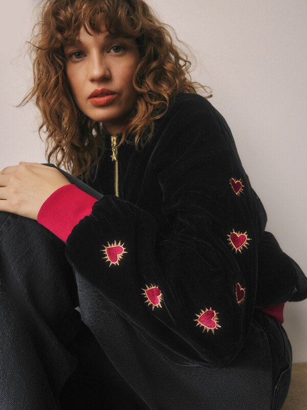 Seraphine Rockett St George Black Velvet Embroidered Bomber Jacket