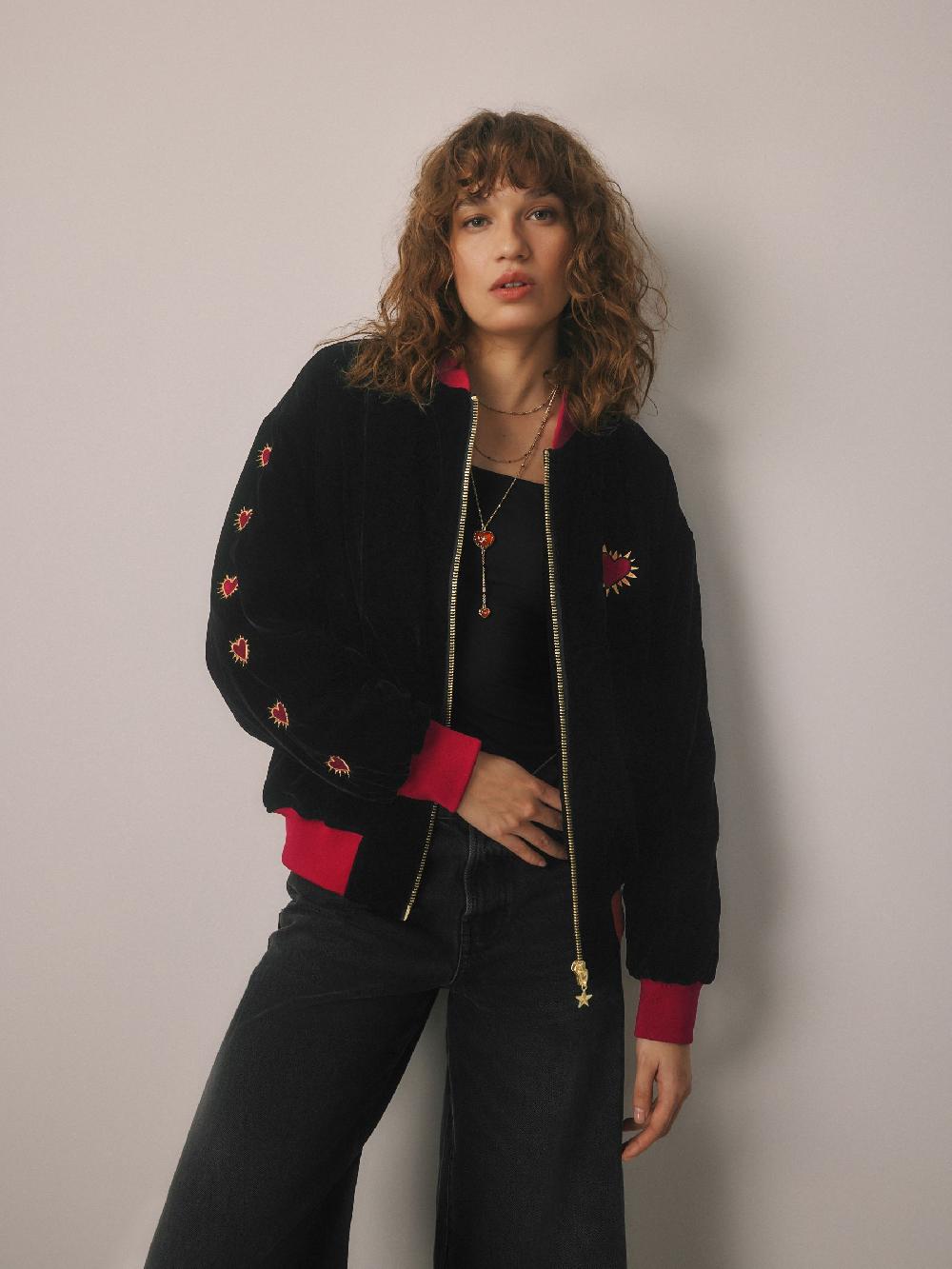 seraphine Rockett St George Black Velvet Embroidered Bomber Jacket