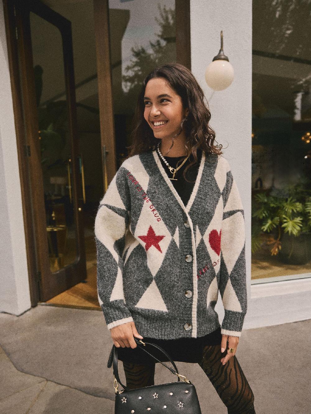 seraphine Rockett St George Black/White Harlequin Motif Cardigan