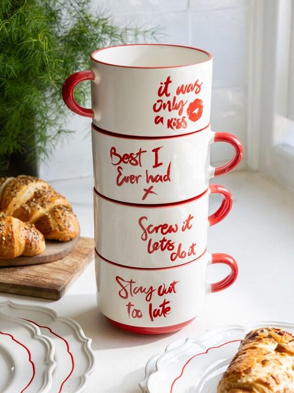 Seraphine Rockett St George Set Of 4 Red/Cream Lipstick Stacking Mugs