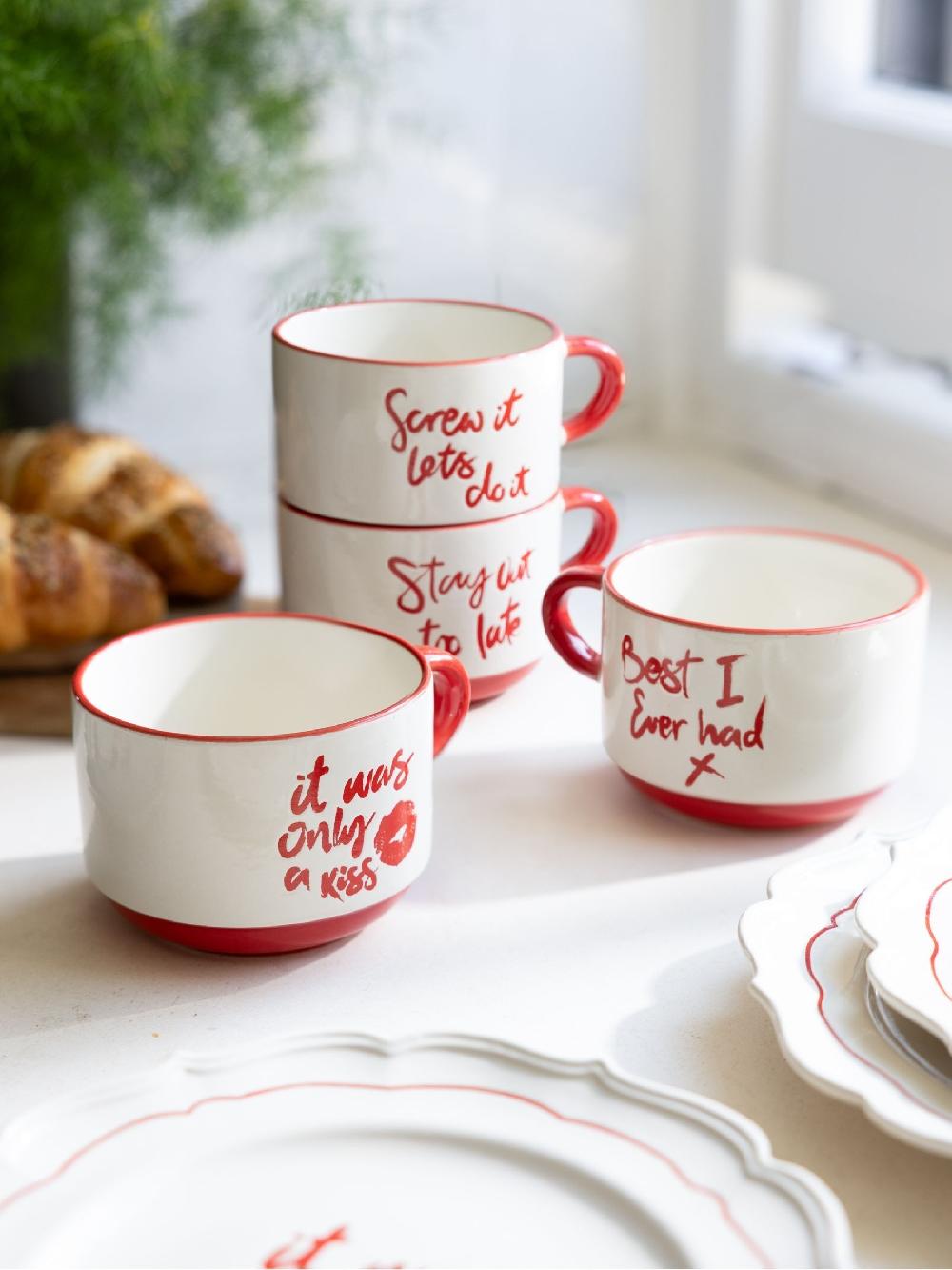 seraphine Rockett St George Set of 4 Red/Cream Lipstick Stacking Mugs