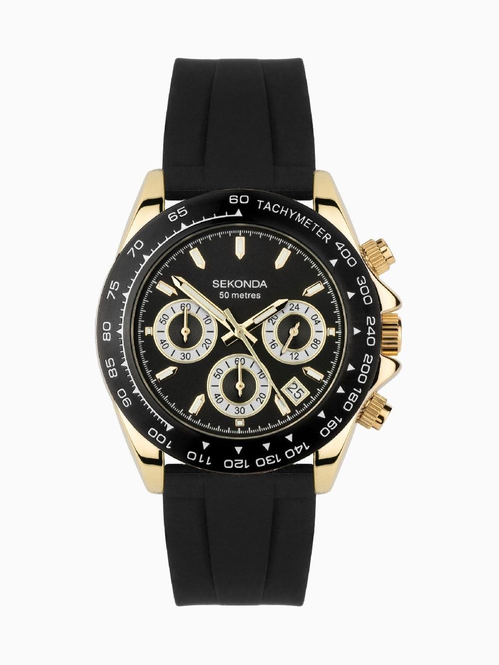 seraphine Sekonda Mens Circuit 39mm Analogue Black Watch With Gold Case And Silicone Strap With Dial
