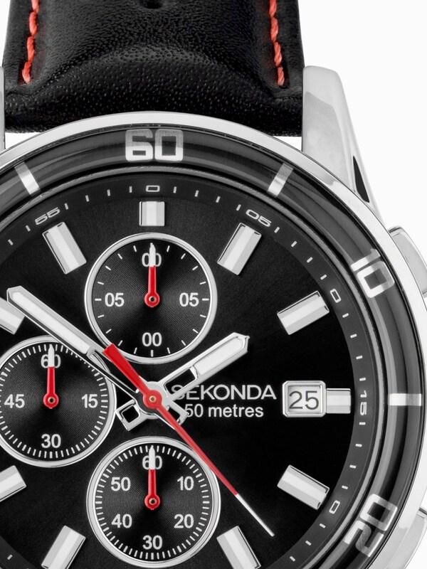 Seraphine Sekonda Mens Midnight 44mm Analogue Black Watch With Silver Case And Leather Upper Strap With Dial