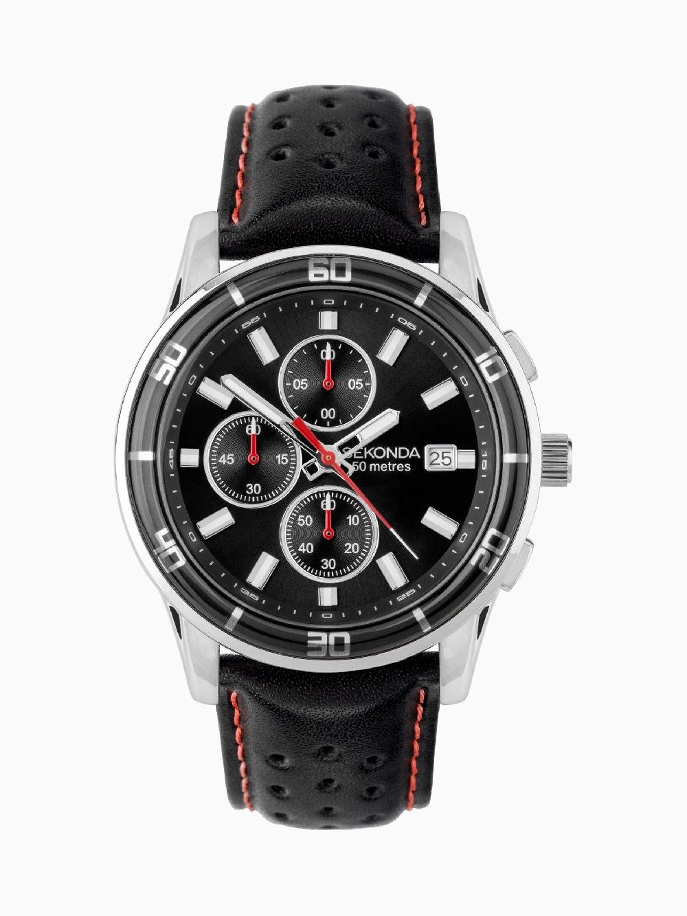 seraphine Sekonda Mens Midnight 44mm Analogue Black Watch With Silver Case And Leather Upper Strap With Dial