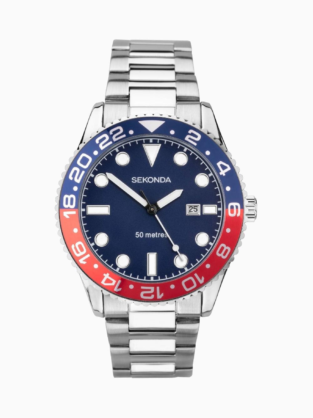 seraphine Sekonda Mens Silver Tone Ocean 43mm Analogue Watch With Case And Stainless Steel Bracelet With Blue Dial