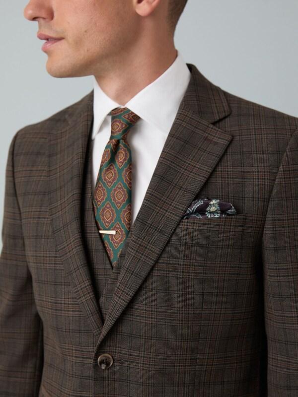 Seraphine Brown Slim Fit Trimmed Check Suit Jacket