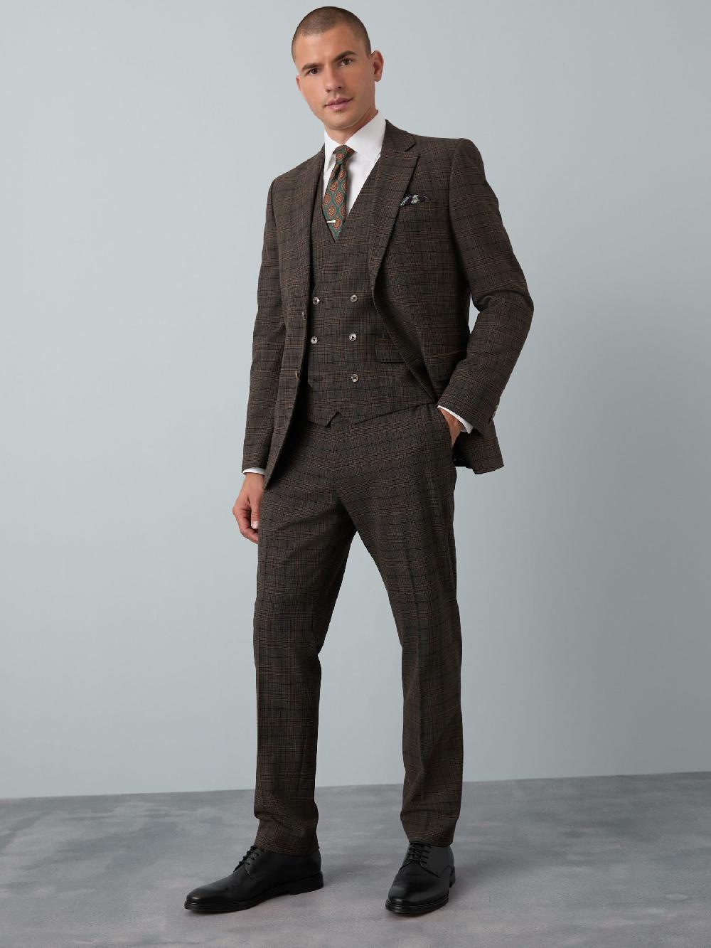 seraphine Brown Slim Fit Trimmed Check Suit Jacket