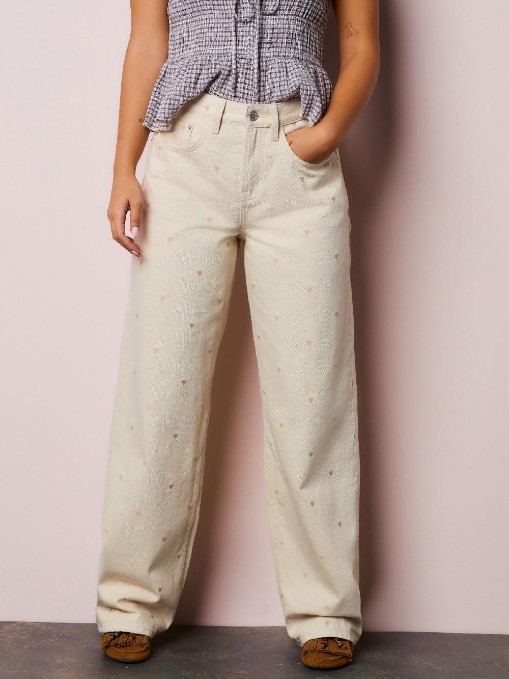 seraphine Ecru Embroidered Heart Wide Leg Jeans