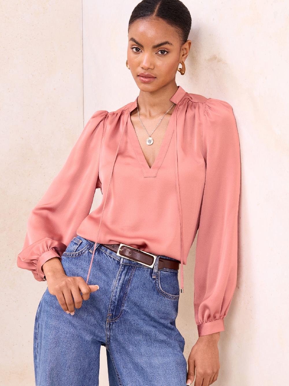 seraphine Lipsy Rose Pink Satin V-Neck Tie Blouse