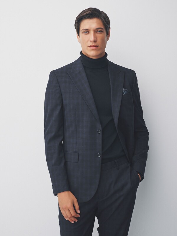 Seraphine Navy Blue Slim Fit Check Suit Jacket