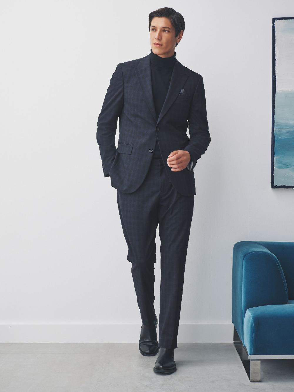 seraphine Navy Blue Slim Fit Check Suit Jacket