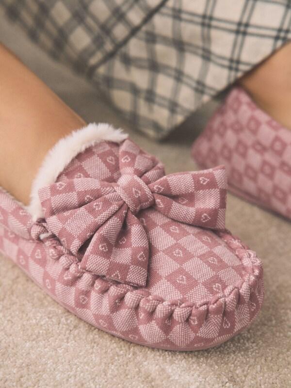 Seraphine Pink Check Heart Moccasin Slippers