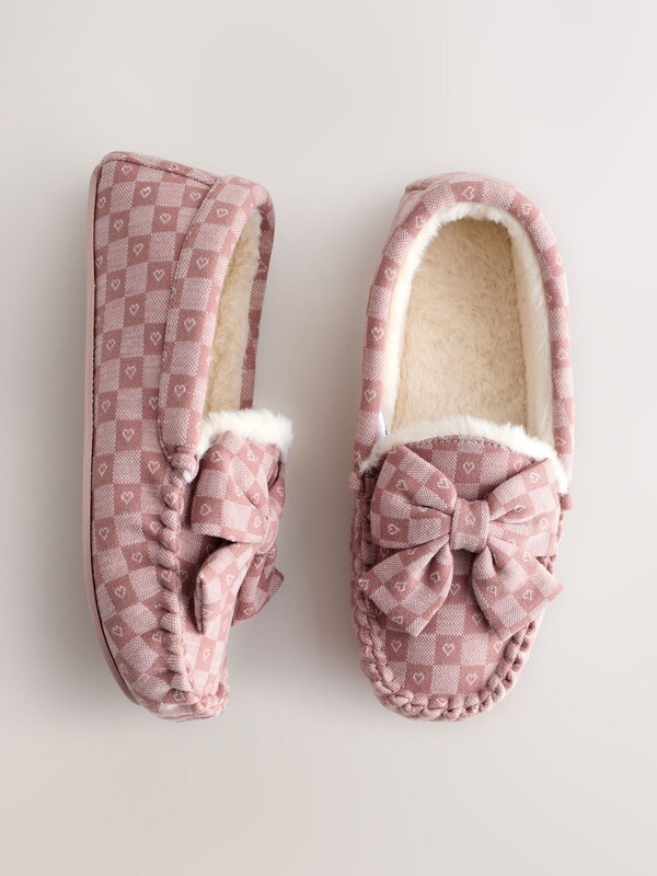 Seraphine Pink Check Heart Moccasin Slippers