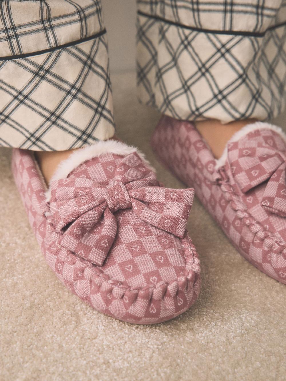 seraphine Pink Check Heart Moccasin Slippers