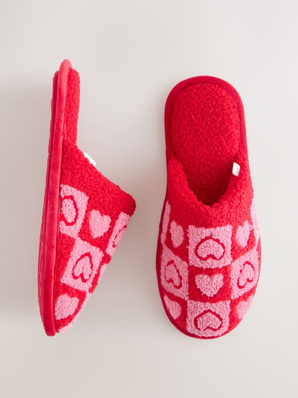 Seraphine Pink/Red Borg Mule Check Heart Slippers