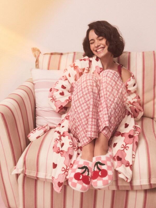 Seraphine Pink/Red Check Cherry Mule Slippers