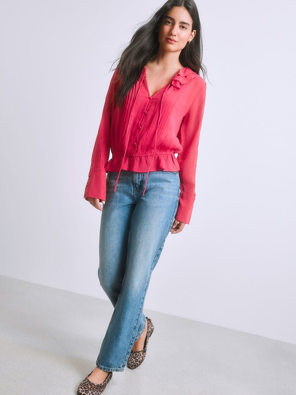 Seraphine Pink Ruffle Pintuck Long Sleeve Blouse