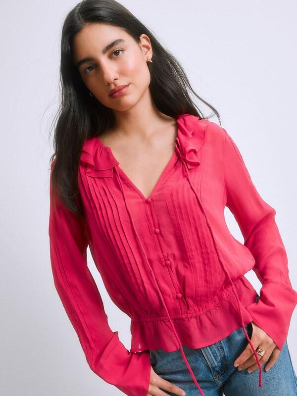 Seraphine Pink Ruffle Pintuck Long Sleeve Blouse
