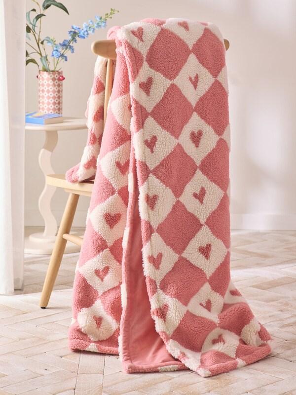 Seraphine Pink Valentines Borg Check Heart Throw