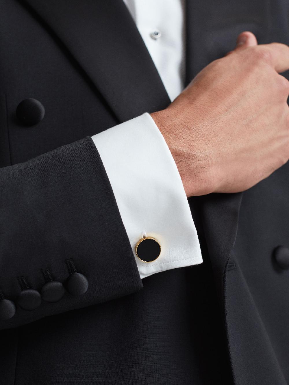 seraphine Reiss Gold Ardley Round Onyx Cufflinks