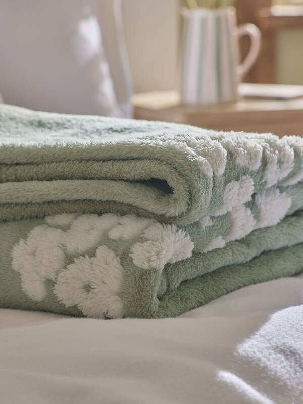 Seraphine Sage Green Floral Hearts Fleece Throw